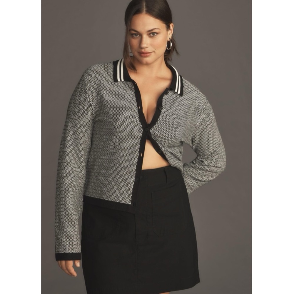 Anthropologie Maeve Plunging Polo Cardigan Cropped Black Rugby Stripe